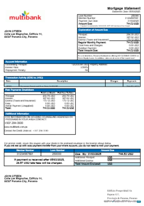 Download Panama Multibank mortgage statement in Word and PDF formats Photoshop template